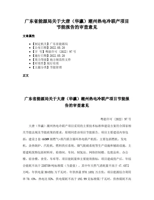 广东省能源局关于大唐（华瀛）潮州热电冷联产项目节能报告的审查意见