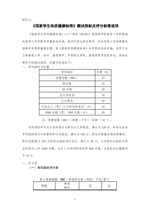 《国家学生体质健康标准》测试指标及评分标准说明