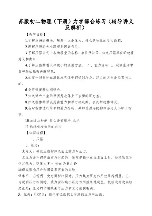 苏版初二物理(下册)力学综合练习(辅导讲义及解析)