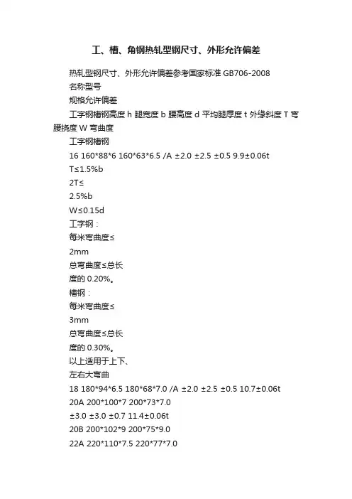 工、槽、角钢热轧型钢尺寸、外形允许偏差