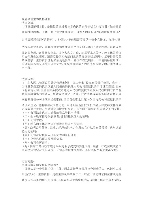 政府单位主体资格证明