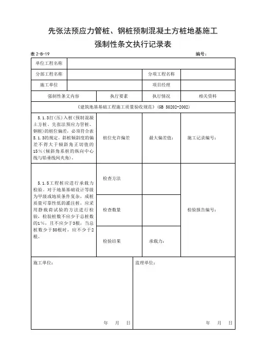 先张法预应力管桩、钢桩预制混凝土方桩地基施工强制性条文执行记录表