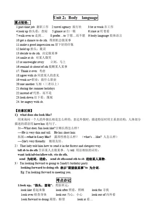 英语八年级下unit_2《body language》word重点内容整理