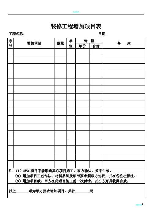 装修工程增加项目表(空白表)