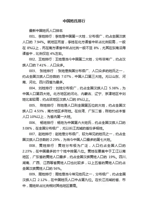 中国姓氏排行