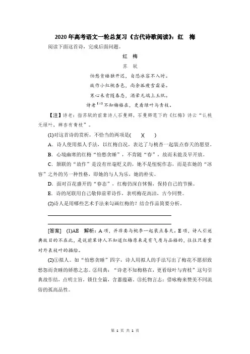 2020年高考语文一轮总复习《古代诗歌阅读》：红梅