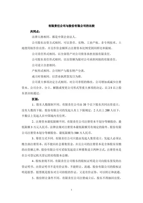 有限责任公司与股份有限公司的比较