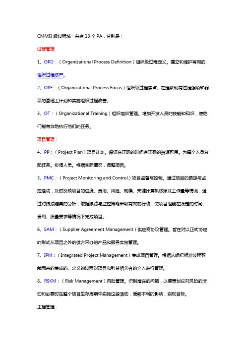 CMMI3级18个过程域