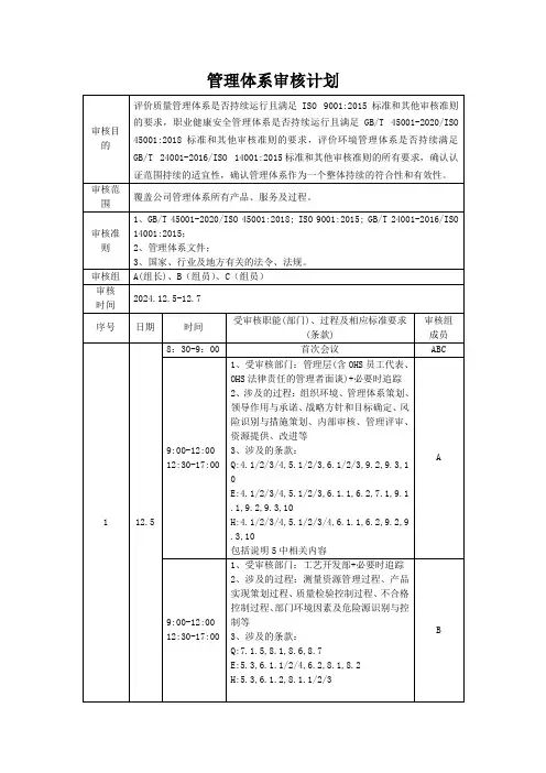 内部审核计划-三体系