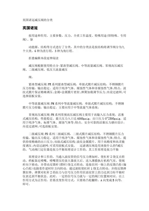 英国诺冠减压阀的分类