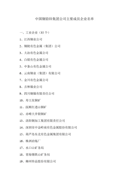 中国铜铅锌集团公司主要成员企业名单