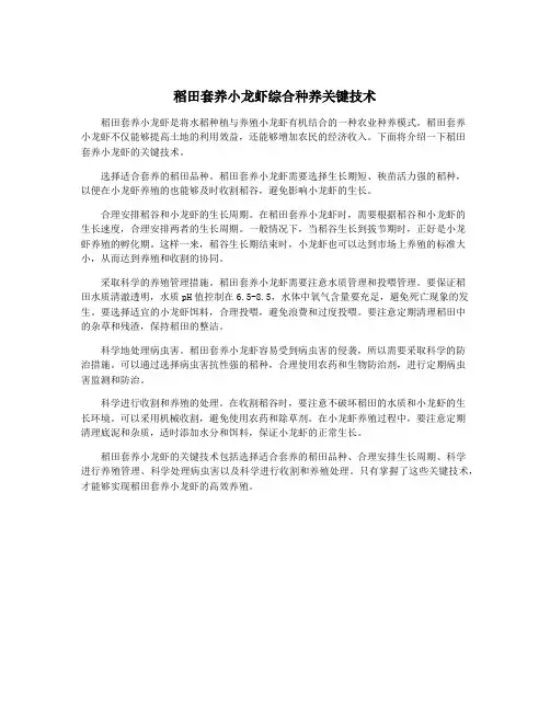 稻田套养小龙虾综合种养关键技术