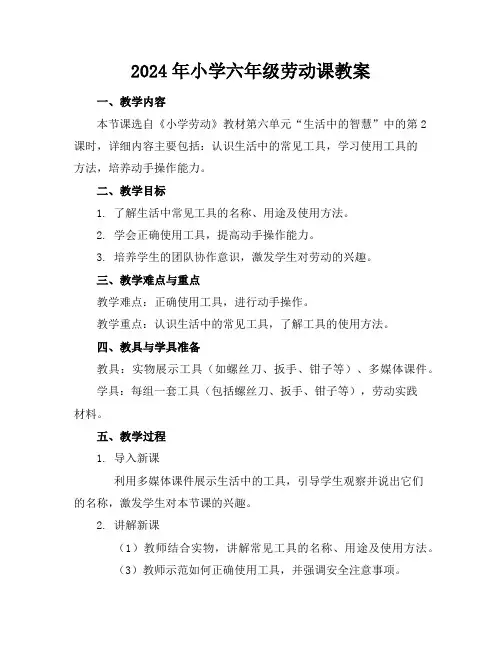 2024年小学六年级劳动课教案