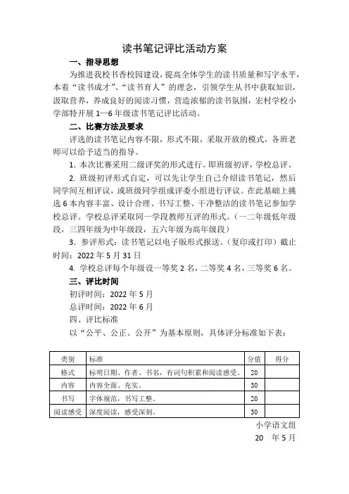 小学校读书笔记评比活动方案