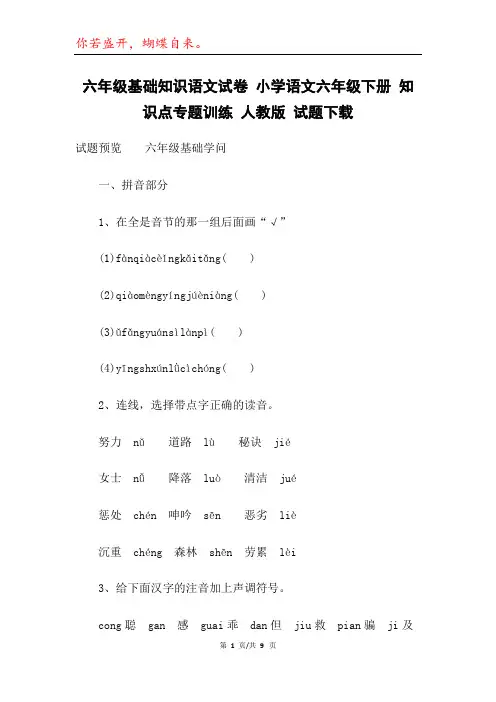 六年级基础知识语文试卷 小学语文六年级下册 知识点专题训练 人教版 试题下载