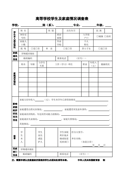 高校学生家庭经济情况调查表