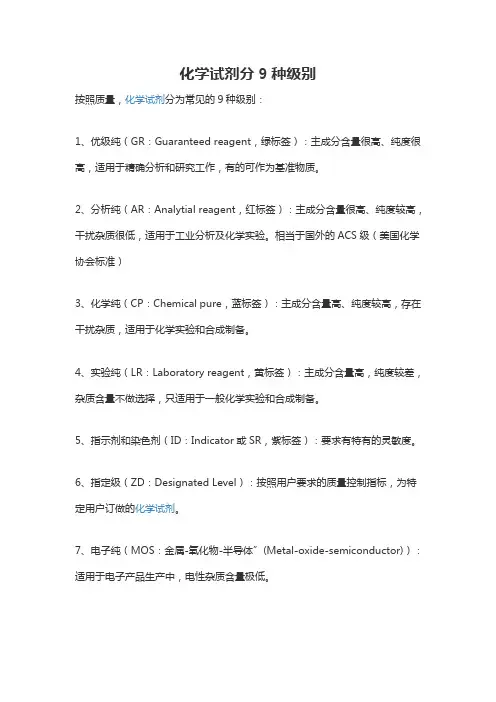 化学试剂分9种级别