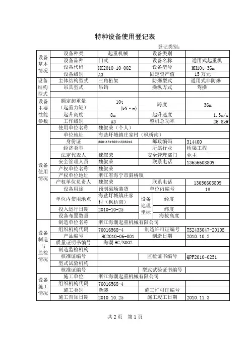 特种设备使用登记表