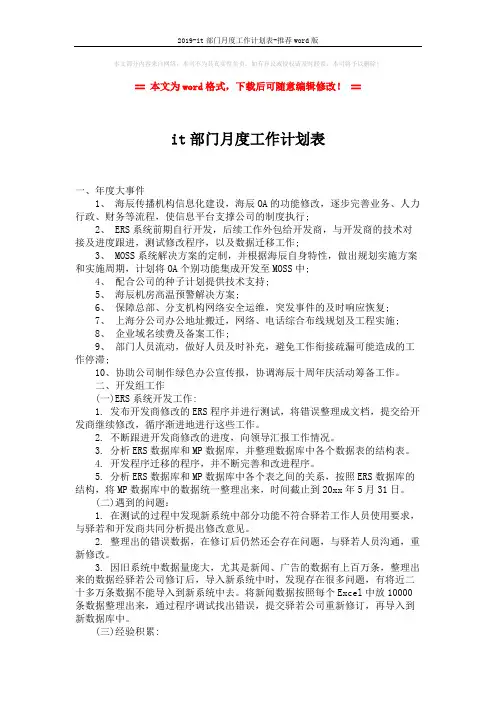 2019-it部门月度工作计划表-推荐word版 (2页)