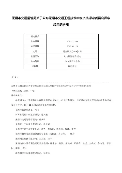 无锡市交通运输局关于公布无锡市交通工程技术中级资格评审委员会评审结果的通知-锡交职发[2013]7号
