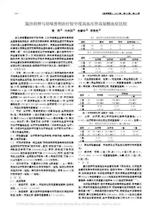 氯沙坦钾与培哚普利治疗轻中度高血压伴高尿酸血症比较