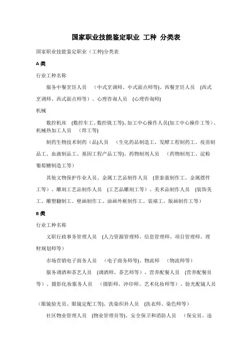 国家职业技能鉴定职业-工种-分类表