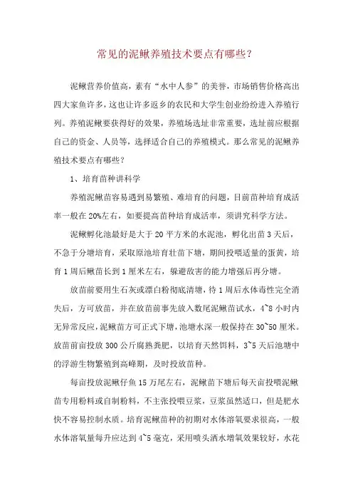 常见的泥鳅养殖技术要点有哪些？