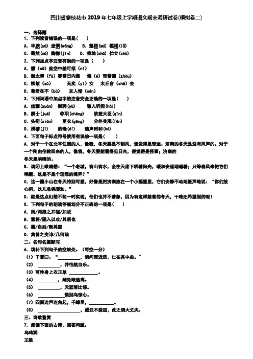 四川省攀枝花市2019年七年级上学期语文期末调研试卷(模拟卷二)