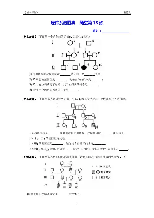 云南省高中生物学业水平测试遗传系谱图类题型