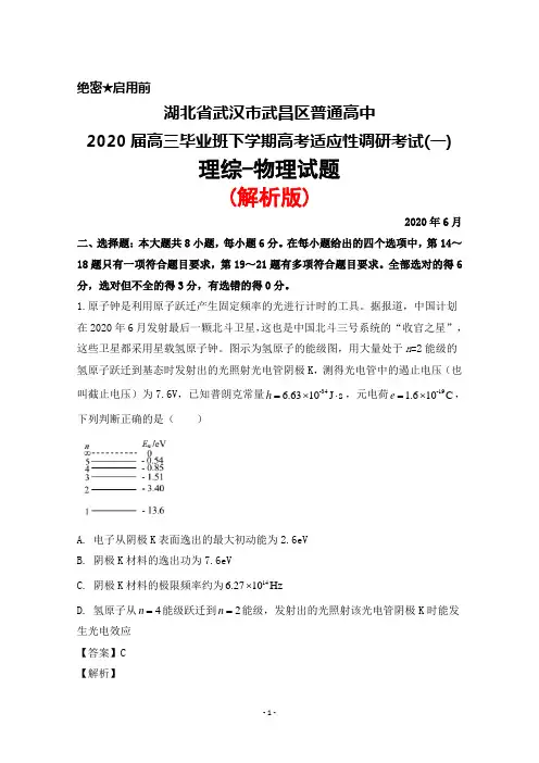 2020年6月湖北省武汉市武昌区普通高中2020届高三高考适应性调研考试(一)理综物理试题(解析版)