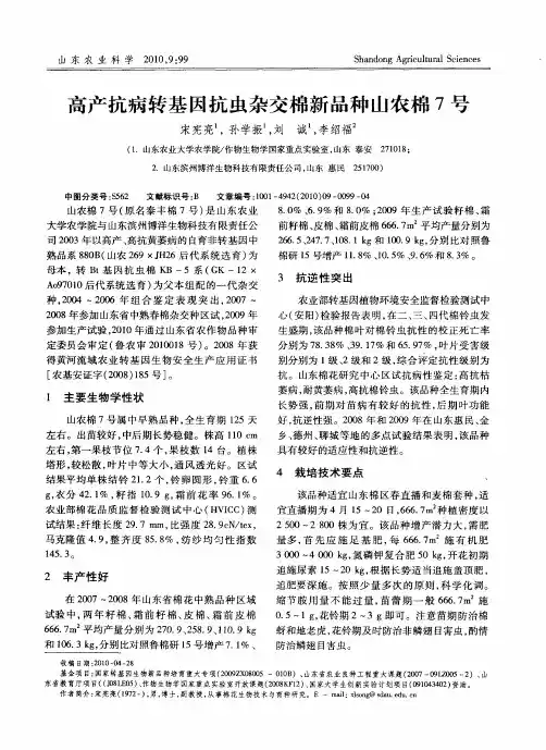 高产抗病转基因抗虫杂交棉新品种山农棉7号