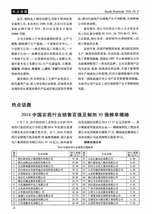 2014中国农药行业销售百强及制剂30强榜单揭晓