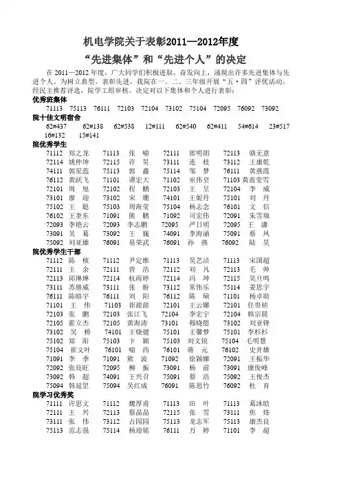 中国地质大学机电学院关于表彰2011-2012先进个人和先进集体的决定