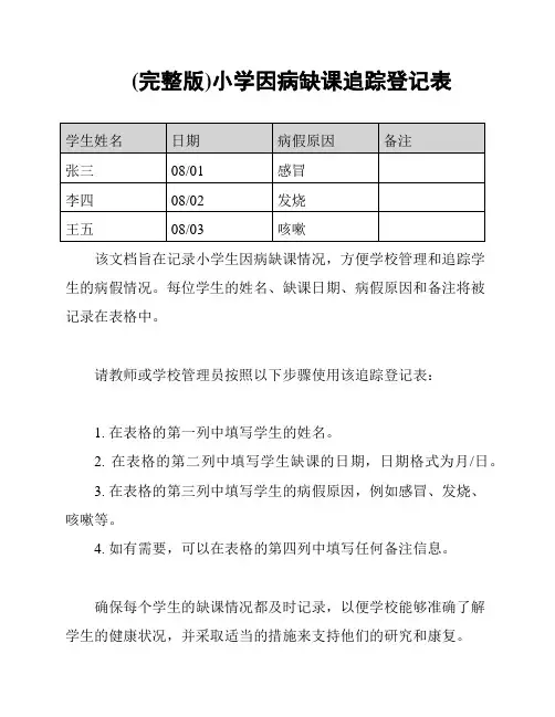 (完整版)小学因病缺课追踪登记表