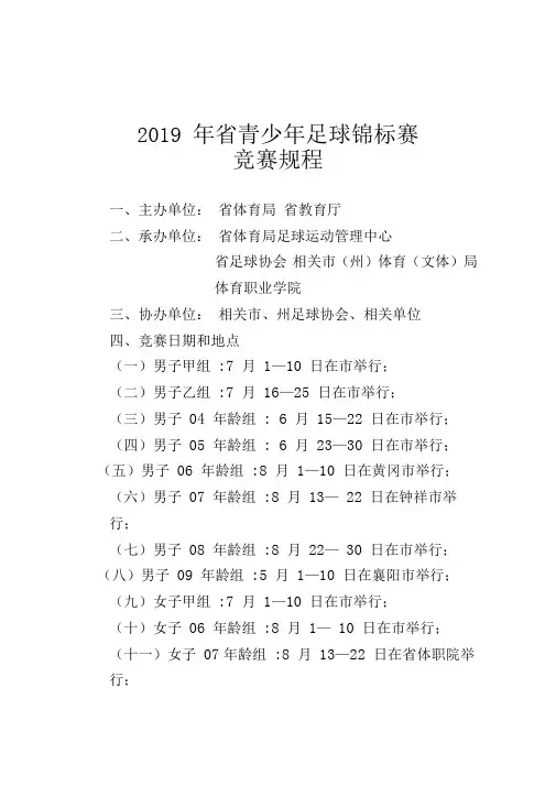 2019年湖北省青少年足球锦标赛竞赛规程完整