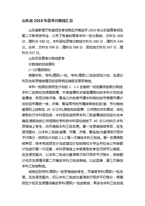 山东省2010年高考分数线汇总