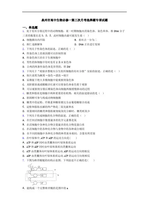泉州市高中生物必修一第三次月考选择题专项试题