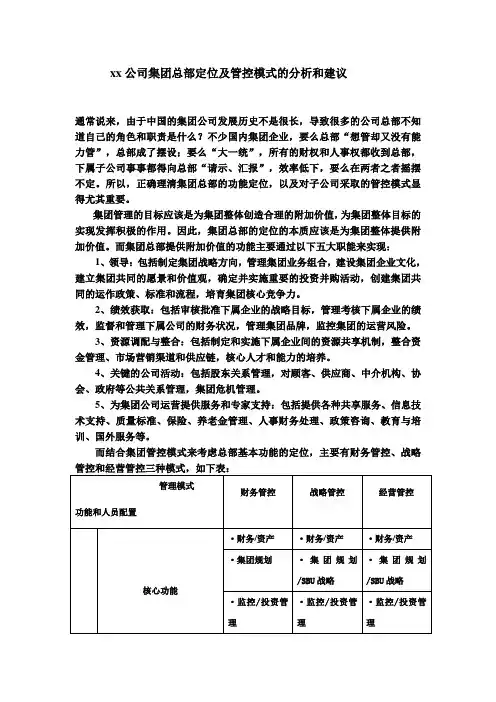 公司集团总部定位及管控模式的分析和建议