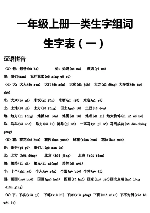 人教版一年级上册一类生字组词