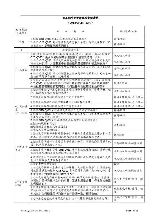 GJB9001B质量管理体系审核检查表