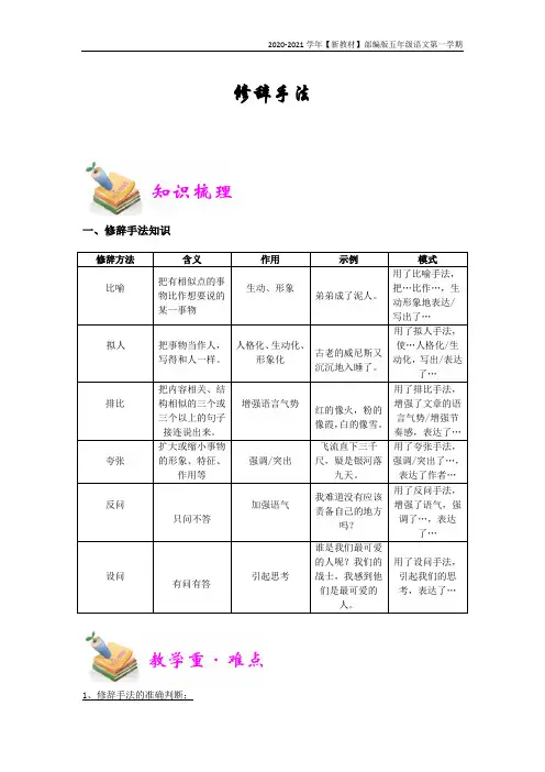 【新教材】部编版语文五年级上册第1讲：修辞手法 教师讲义