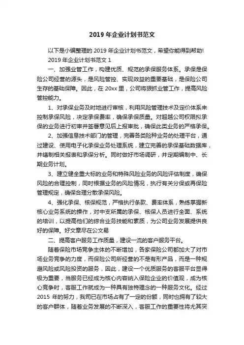 2019年企业计划书范文