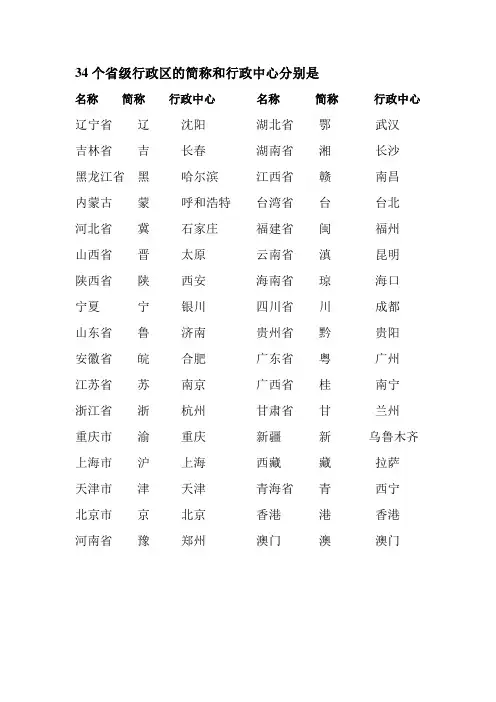 34个省级行政区的简称和行政中心