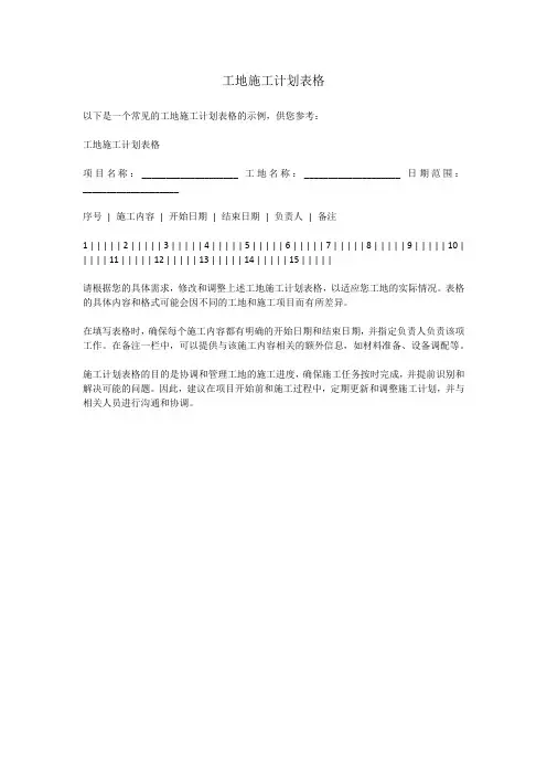 工地施工计划表格