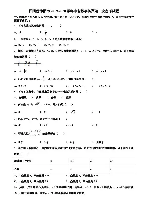 四川省绵阳市2019-2020学年中考数学仿真第一次备考试题含解析