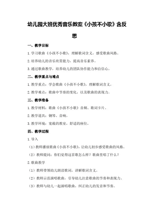 幼儿园大班优秀音乐教案《小孩不小歌》含反思