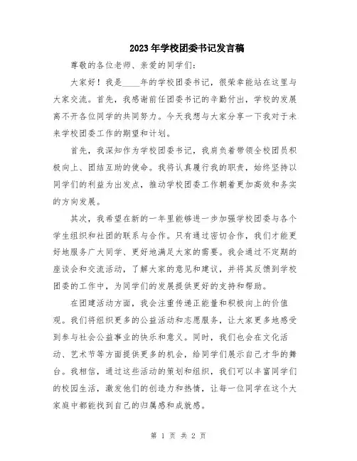 2023年学校团委书记发言稿