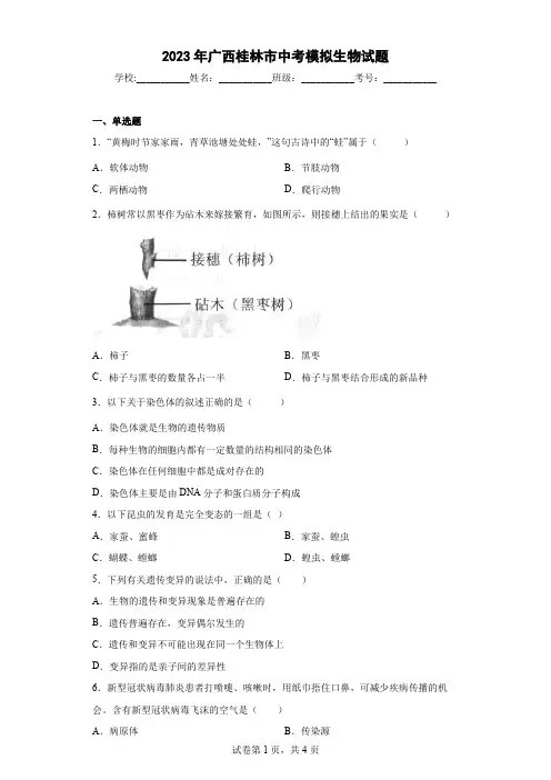 【中考冲刺】2023年广西桂林市中考模拟生物试卷(附答案)