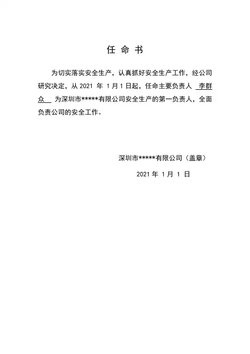 公司安全生产主要负责人安全主任任命书
