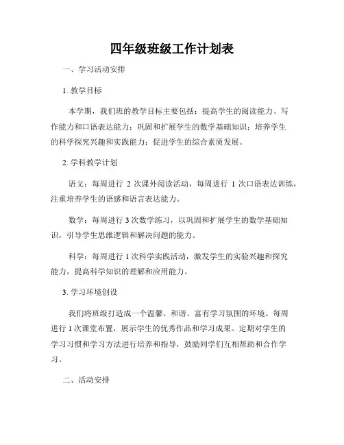 四年级班级工作计划表